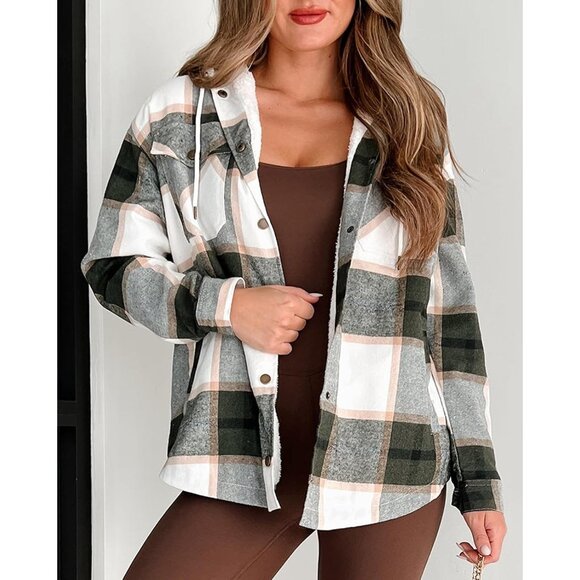2025 Women’s Stylish Hooded Plaid Shacket Jacket with Sherpa Fleece Lining - Picture 3 of 7